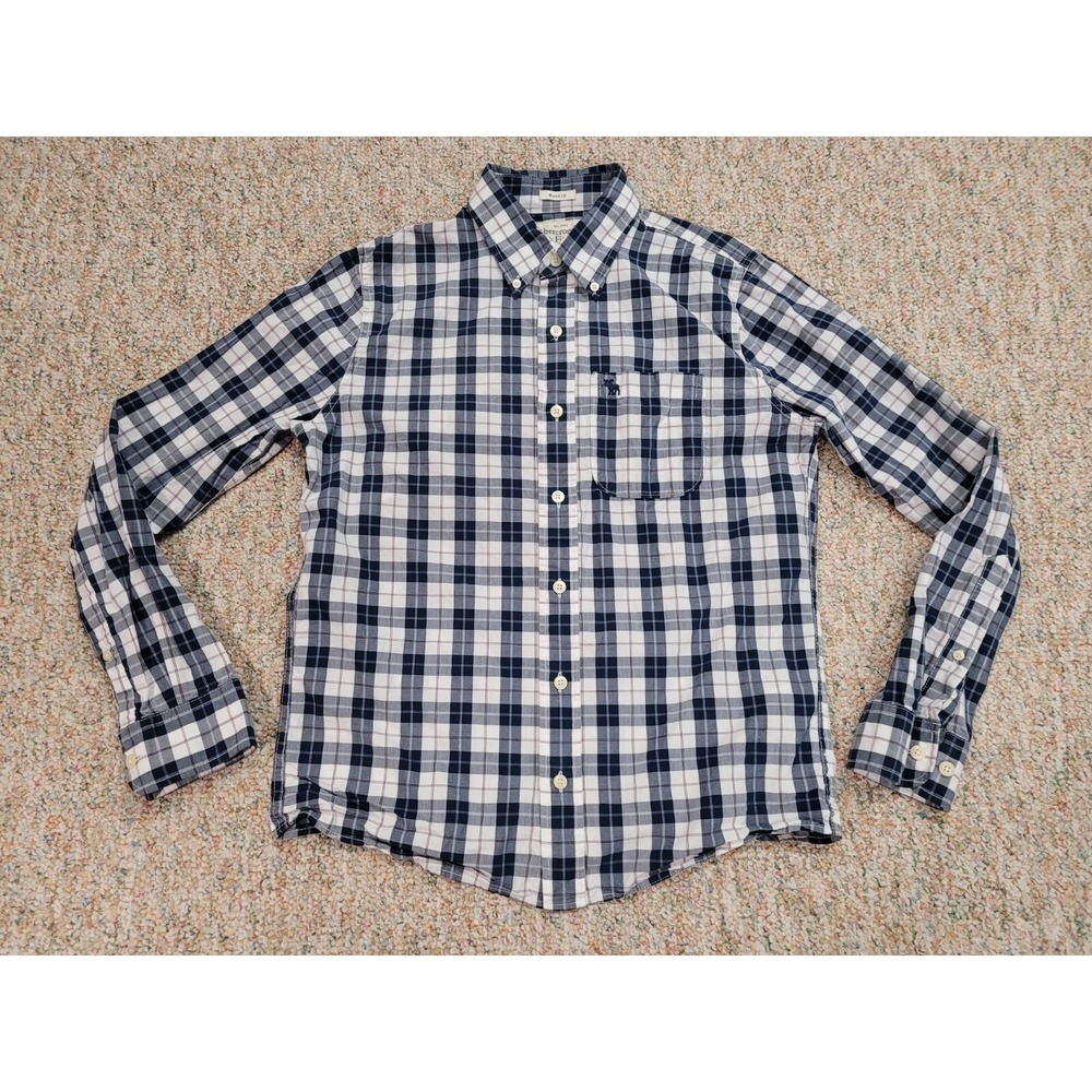 Abercrombie & Fitch Shirt Mens Small Navy Blue Plaid Muscle Fit Cotton